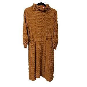 IC Collection Tan Mock Neck Shirred Front Slit Uneven Hem Maxi Dress Womens XS